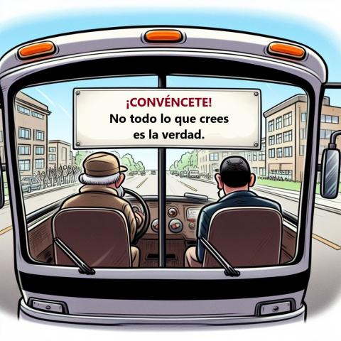 En el letrero de un autobus decía "No todo lo que piensas es la verdad"